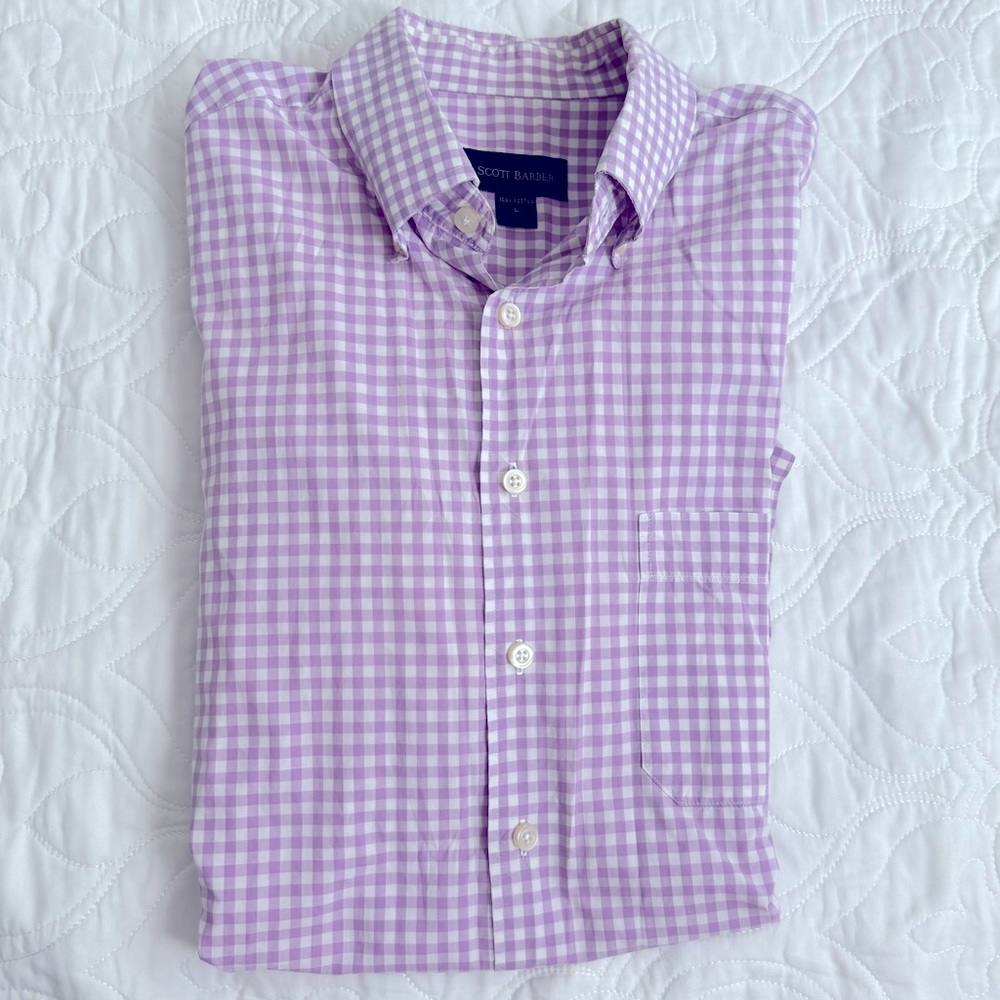 Scott Barber Cotton Lavender Gingham Short‎ Sleeve Button Down Shirt Large EUC